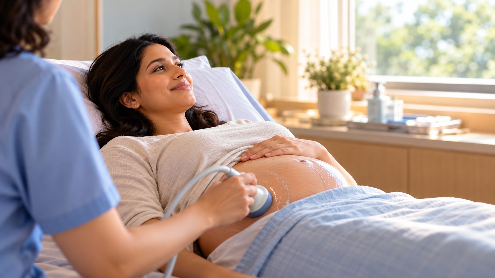 A pregnant woman resting a hand on her abdomen during a routine second-trimester ultrasound appointment.